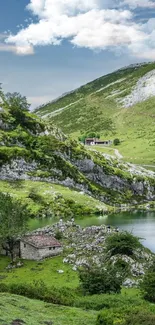 Serene mountain lake view with lush greenery and clear skies.