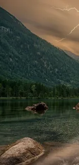 Serene mountain lake at dusk with lightning in the sky.