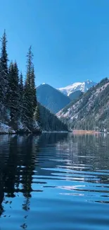 Scenic mountain lake with clear sky and pine trees, reflecting tranquility.