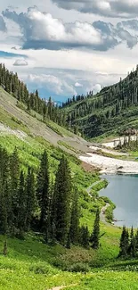 Serene view of a mountain lake with lush green valleys and blue skies.