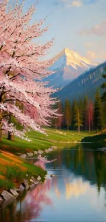 Mobile wallpaper of a serene mountain lake with cherry blossoms and snow-capped peaks.