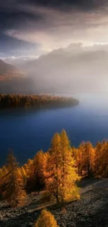 Serene mountain lake wallpaper with autumn hues and tranquil waters.