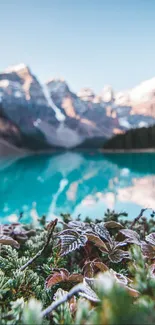 Serene lake with turquoise water and distant snow-capped mountains.