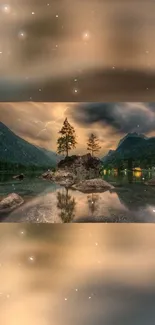 Serene mountain lake with trees reflecting in calm waters under a cloudy evening sky.