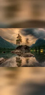 Serene evening landscape with mountain lake reflection.