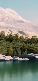 Serene mountain lake with pines and snow-capped peaks.