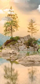 Serene lake with mountains and lightning under vibrant sky.