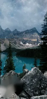 Mobile wallpaper of a serene mountain lake with trees and turquoise waters.