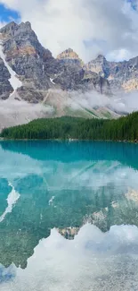 Serene mountain lake with reflections and rocky peaks.