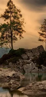 Serene mountain lake with trees and dramatic sky.