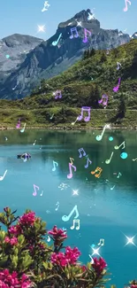 Peaceful mountain lake with vibrant wildflowers in the foreground.