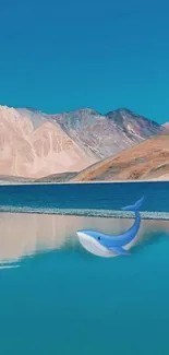 Serene mountain lake with a whale illustration.