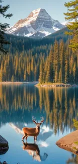 Majestic deer by serene mountain lake with snow-capped peak in background.