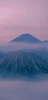 Serene purple mountain landscape with mist.