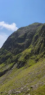 Green mountainous landscape with blue sky