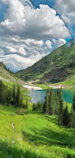 A serene mountain scene with greenery, lake, and blue sky.