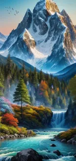 Colorful mountain landscape with a waterfall and forest scenery.