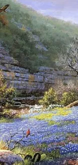 Serene mountain landscape with wildflowers and a scenic sky.