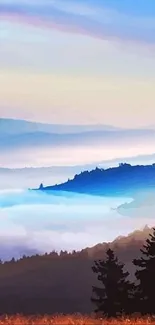 Scenic mountain landscape with misty hills and vibrant blue sky.