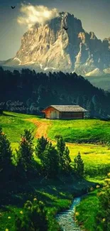 Serene mountain landscape with cabin and stream.