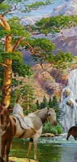 Beautiful scenic wallpaper of mountains, waterfall, and horses.