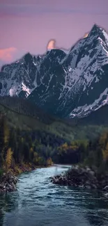 A stunning mountain landscape with a river and forests under a purple sky.