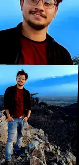 Man enjoying mountain view under a blue sky.