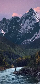 Majestic mountain landscape with a tranquil river and forest.