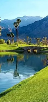 Serene mountain and golf course landscape wallpaper.