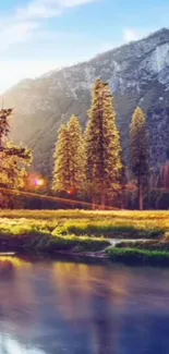 Serene mountain landscape with a calm river and golden sunlight.