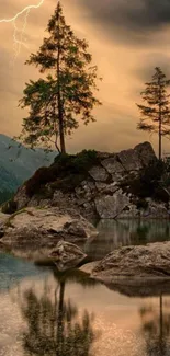 A tranquil mountain landscape with trees and reflections under a copper sky.