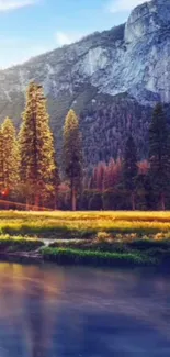 Serene mountain landscape with trees and river.