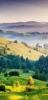 Serene landscape with green hills and misty mountain views.