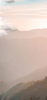 Misty mountain landscape with pastel skies and serene ambiance.