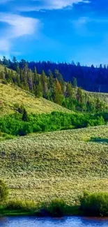 Serene green hills with river under a vibrant blue sky.