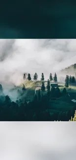 Misty mountain landscape with trees and soft green hues.