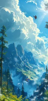 Mountain landscape wallpaper with blue sky and lush greenery.