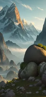 Serene mountain landscape with large rocks and lush greenery.