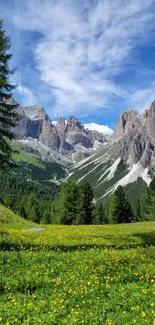 Serene mountain landscape with green meadow and blue sky.