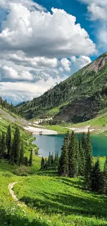 Serene mountain landscape with lake and greenery.