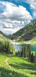 Serene mountain landscape with lake and green hills.