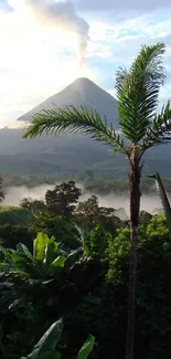 Tropical landscape with a towering volcano and lush greenery under a vibrant sky.