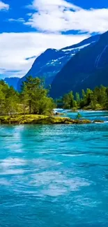 Serene mountain landscape with river and lush greenery.