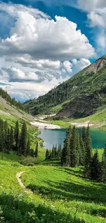 Tranquil mountain landscape with lush greenery and a serene lake under a blue sky.