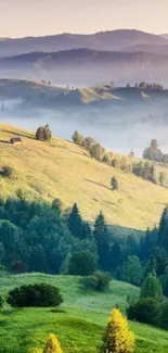 Misty mountain landscape with green hills.