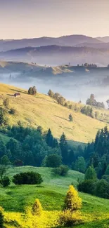 Serene mountain landscape with misty hills at sunrise.