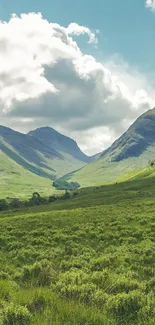 Lush green valley and mountains under a cloudy sky mobile wallpaper.