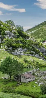 Serene mountain landscape with green hills, lake, and rustic cabin.