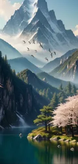 Serene mountain landscape with a lake and cherry blossoms.