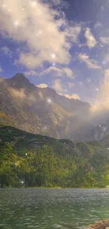 Serene mountain landscape with lush greenery and a vibrant sky.